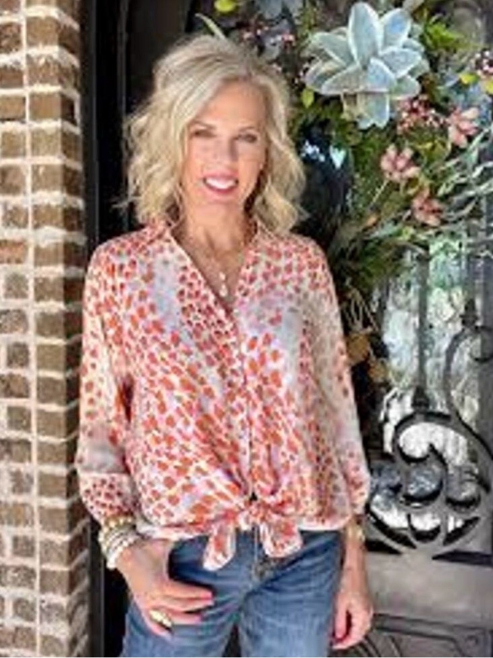 CAbi Coral and Cream Patterned Button-Up Blouse Style 6081 Size XS